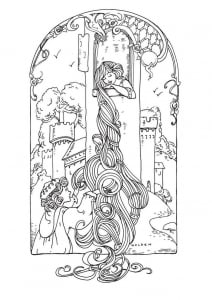 An other coloring sheet of Raiponce and her endless blond hair (Fairy tale Coloring Page)