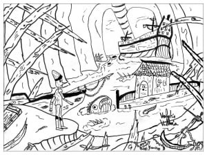 Pinocchio in the stomach of the whale (Fairy tale Coloring Page)