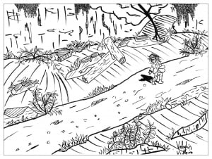 Tom thumb, a coloring page of the Andersen tale (Fairy tale Coloring Page)