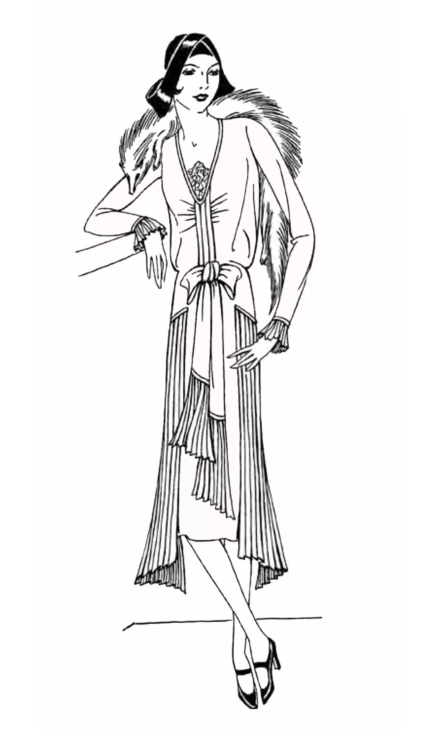 Women's clothing from the 1930s (Printable Fashion, clothing and jewelry Coloring Page for adults)