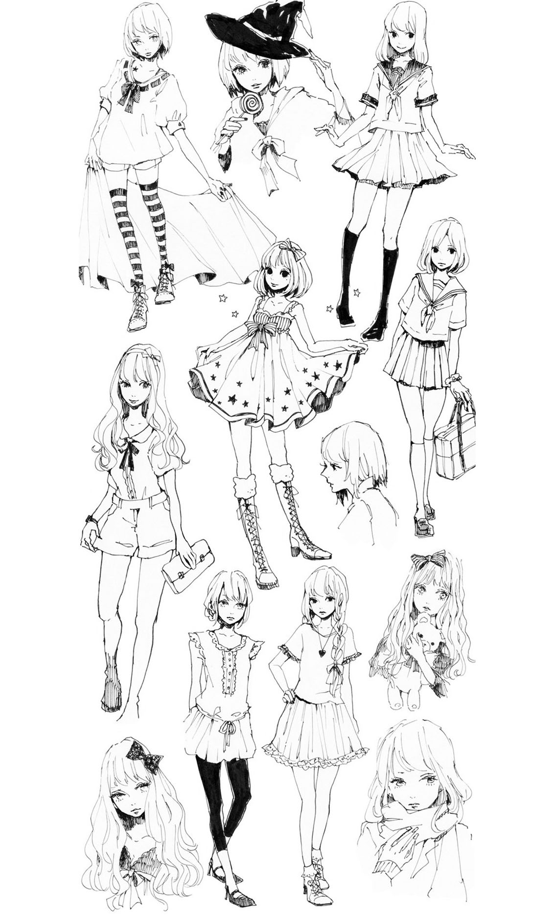 Manga drawing with female characters with various styles of clothes