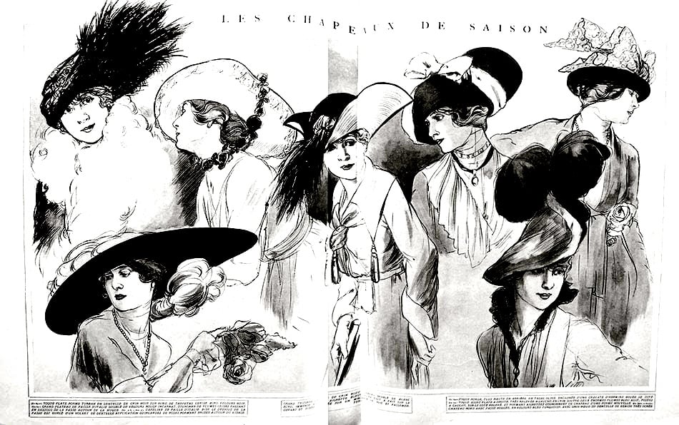 Color this 1915 fashion sketch with beautiful women's hats