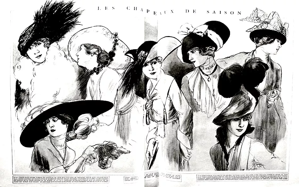 1915 fashion sketch with women's hats (Printable Fashion, clothing and jewelry Coloring Page for adults)