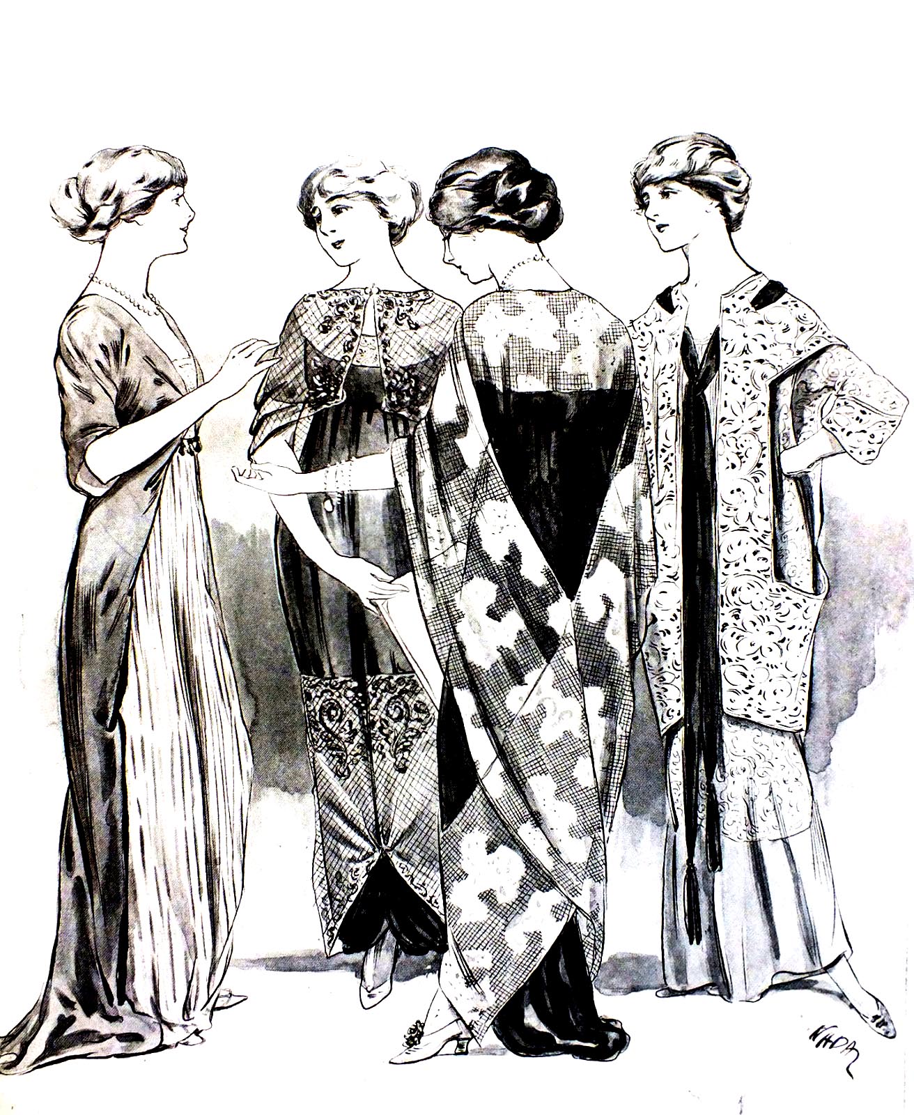 Fashion engraving from 1915. Period clothing to color