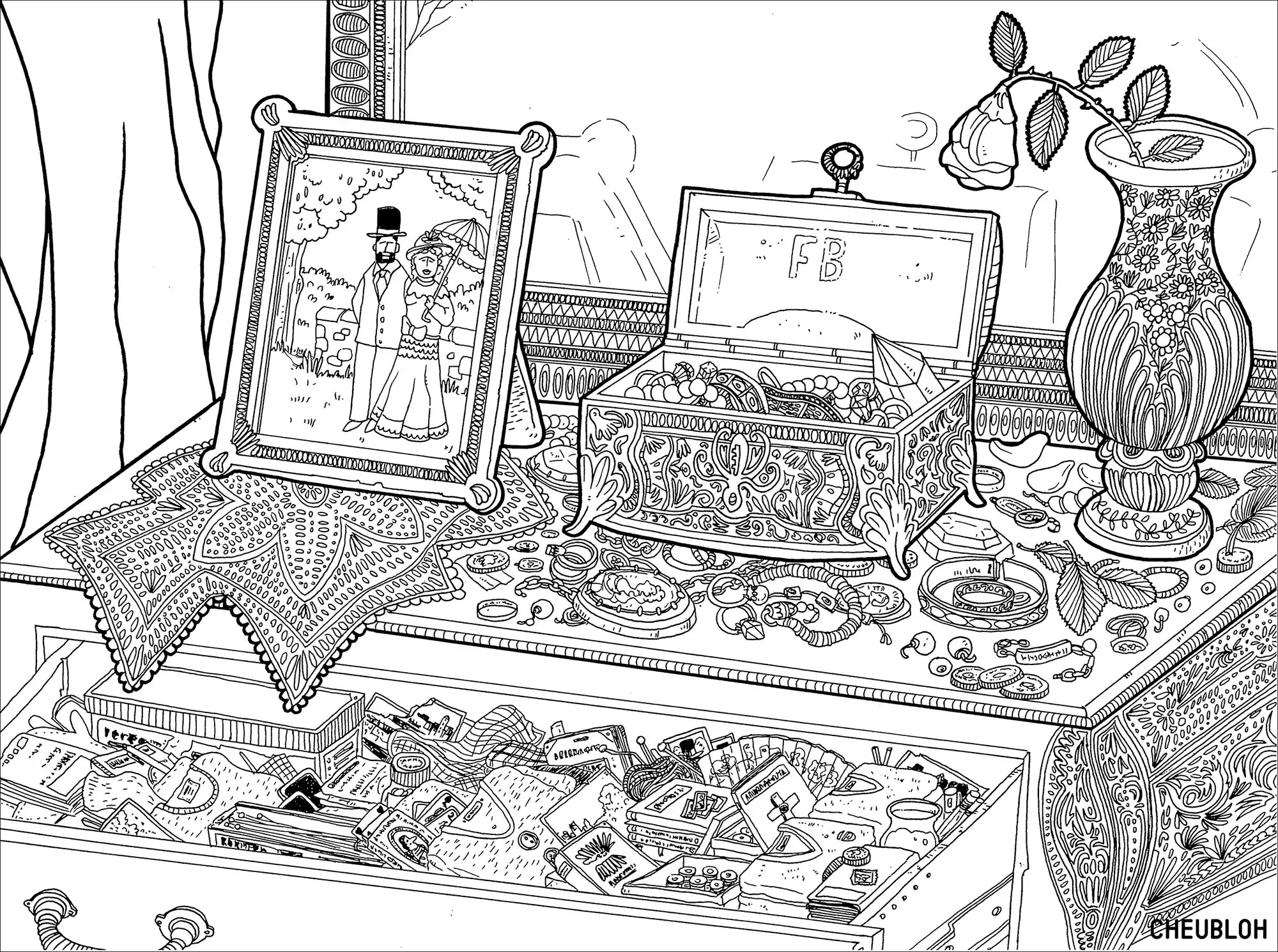 Jewelry box (Printable Fashion, clothing and jewelry Coloring Page for adults)
