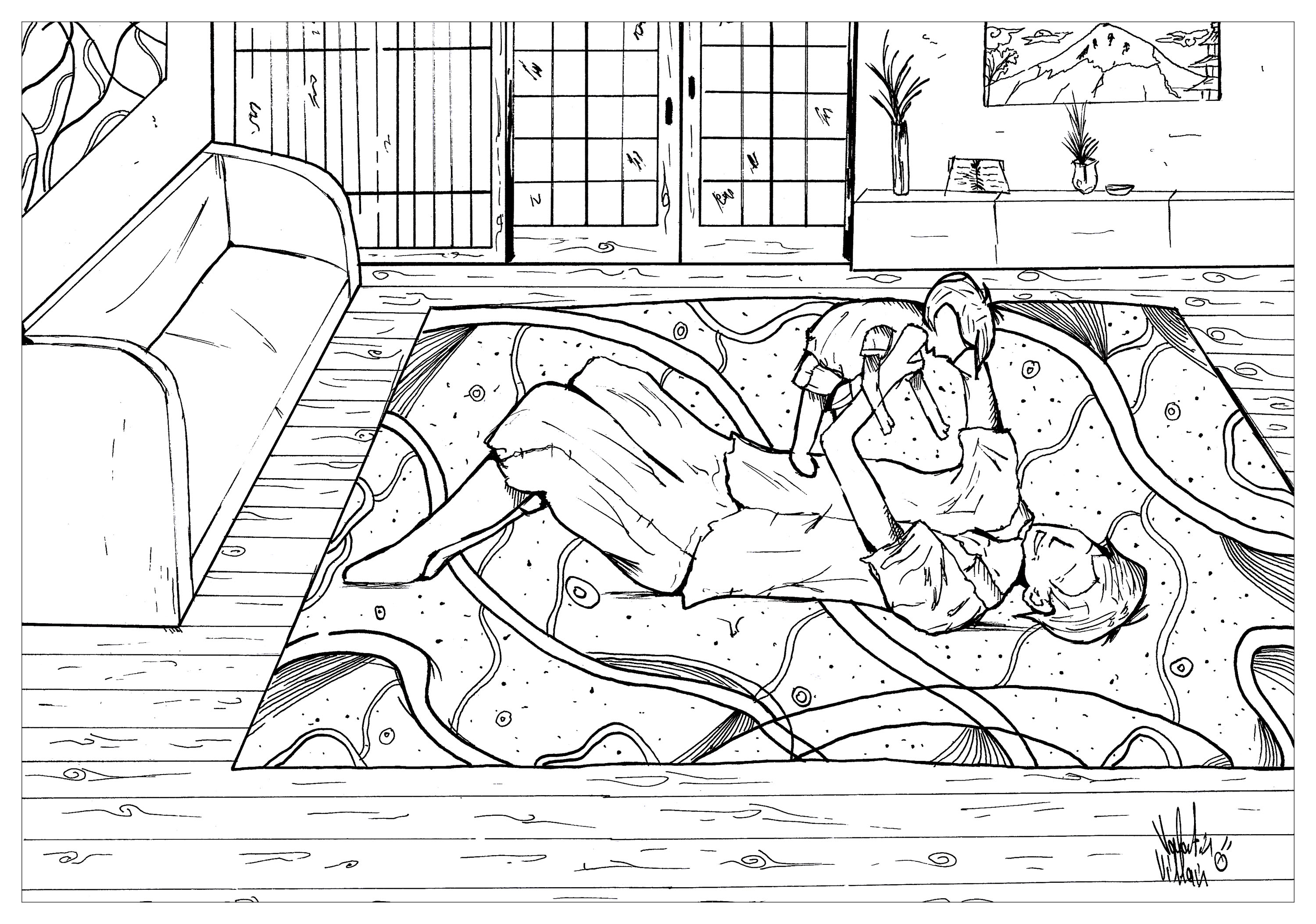 Coloring page of a child playing with his father : perfect to offer on the Father's day !, Artist : Valentin