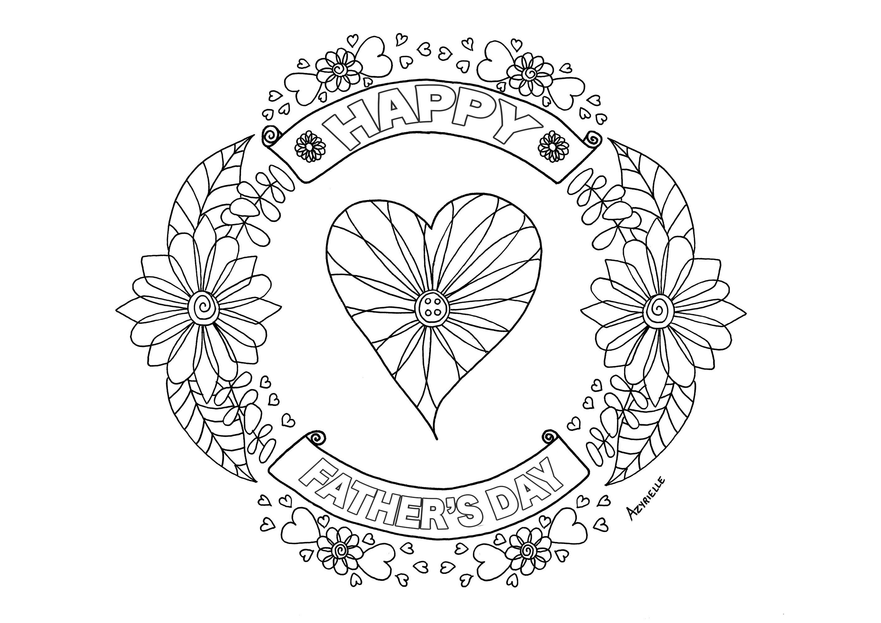 Happy Father's day coloring page : heart and flowered patterns, Artist : Azyrielle