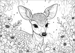 Pretty little fawn among the flowers