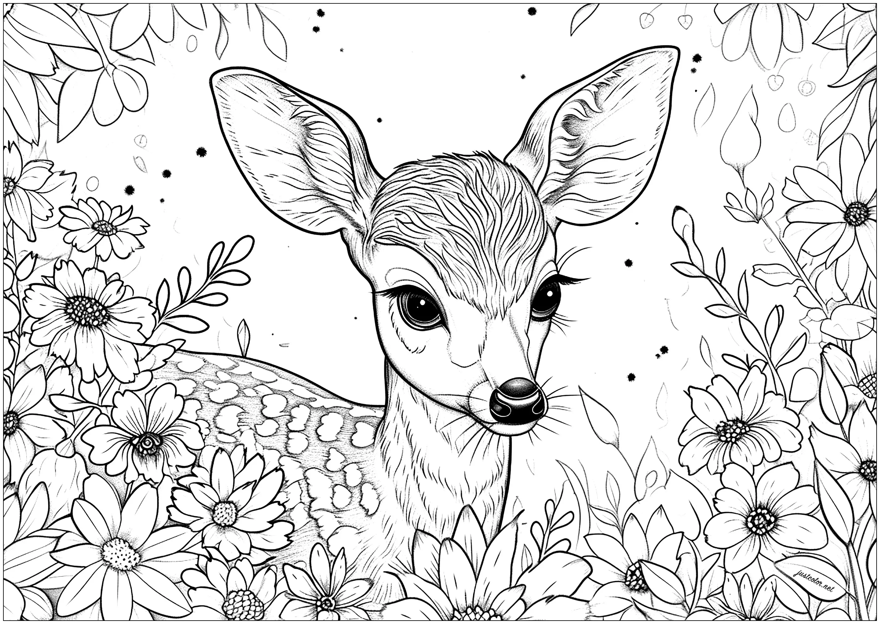 Pretty little fawn among the flowers (Printable Coloring Page for adults)
