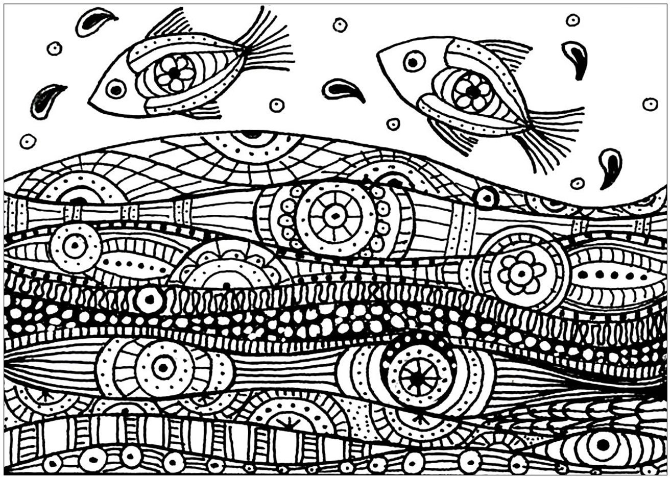 Fishes on the waves, drawing with simple zentangle patterns