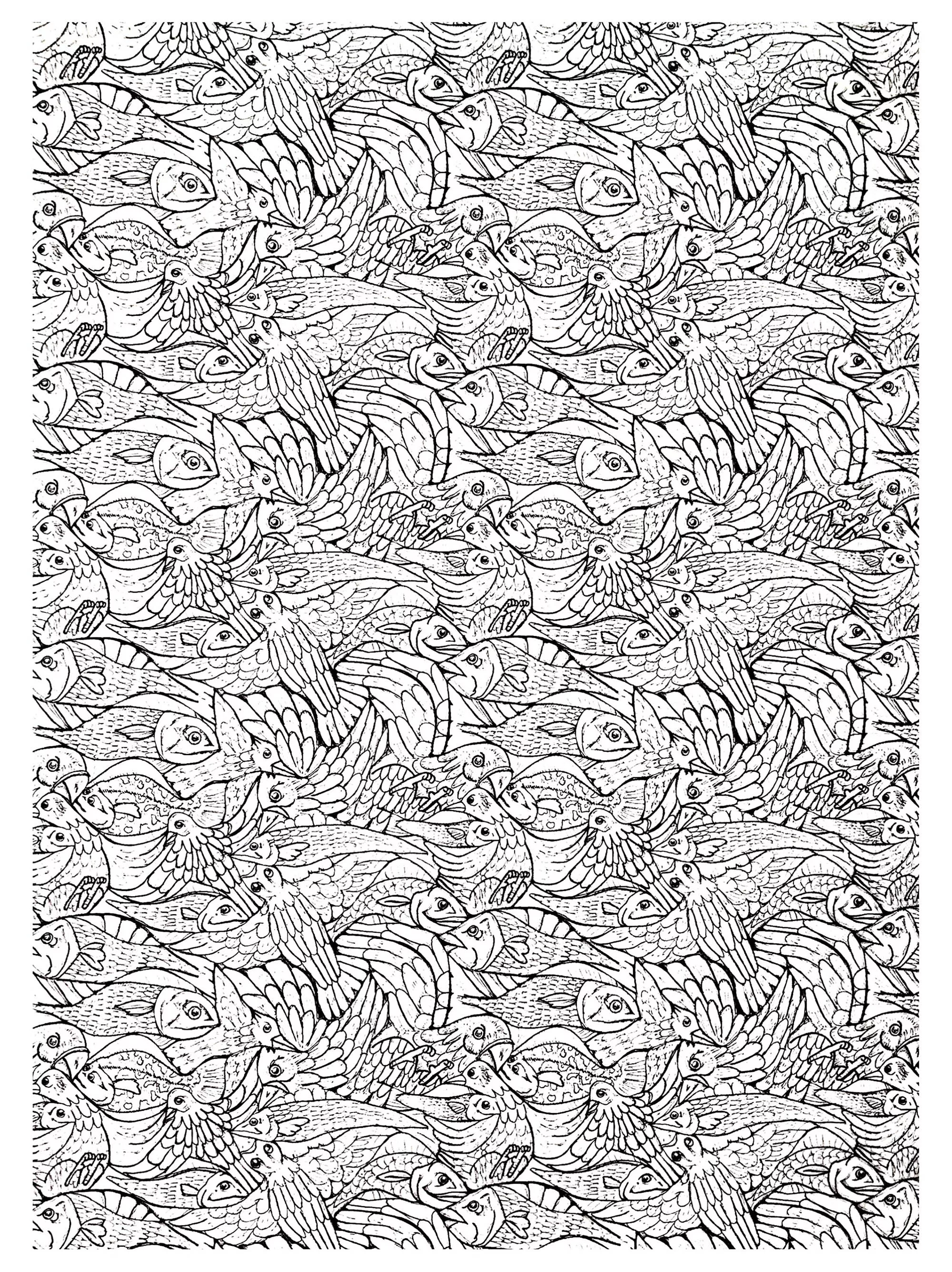 Fishes complex (Printable Coloring Page for adults)