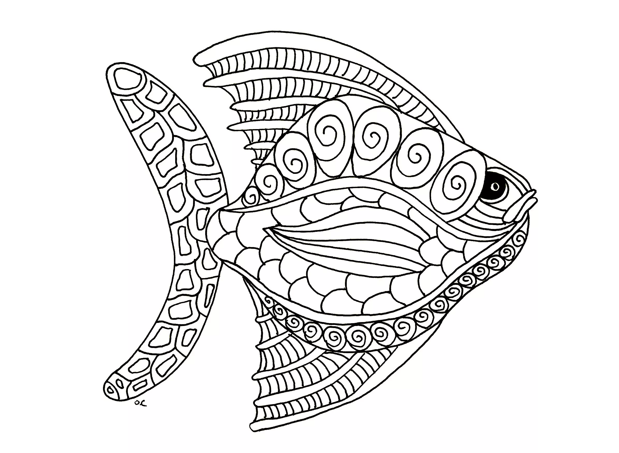 Single Zentangle fish (Printable Coloring Page for adults)