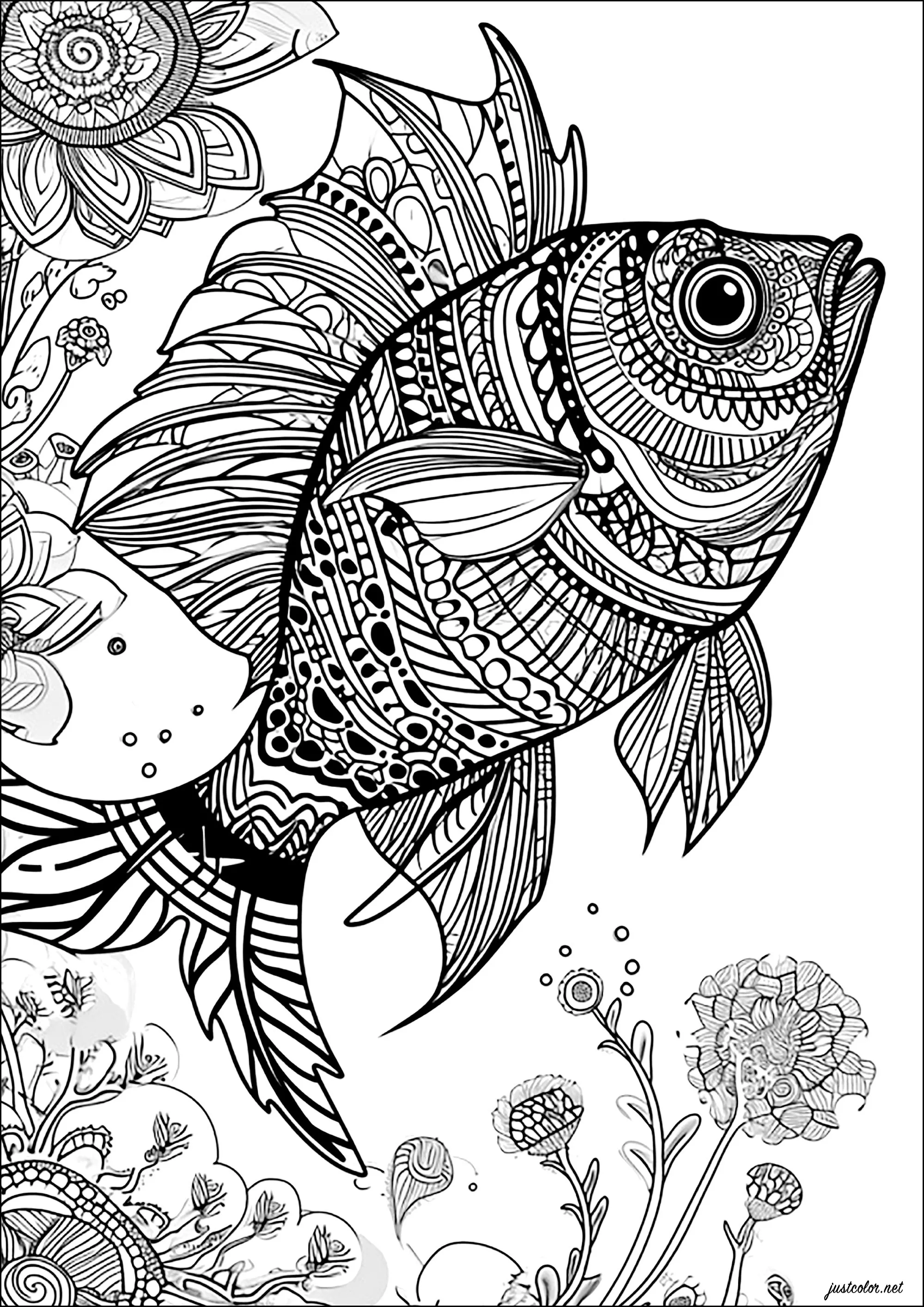 Patterned fish with thick lines (Printable Coloring Page for adults)