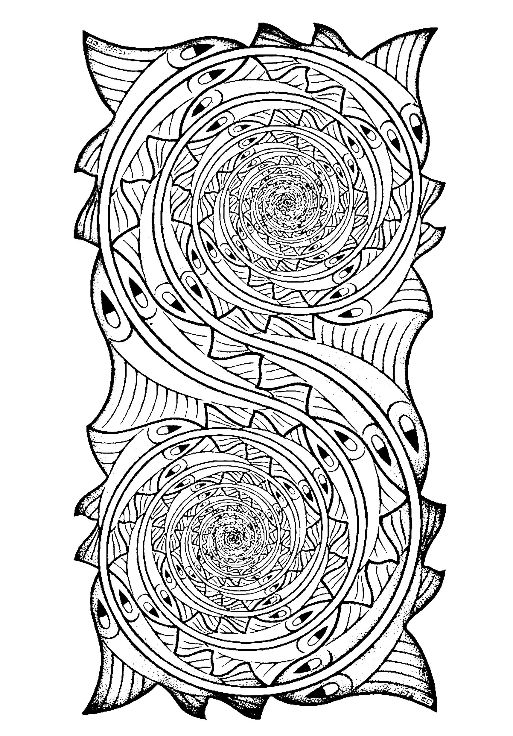 Fishes in a Whirlpool, a coloring page inspired by a M C Escher work of art