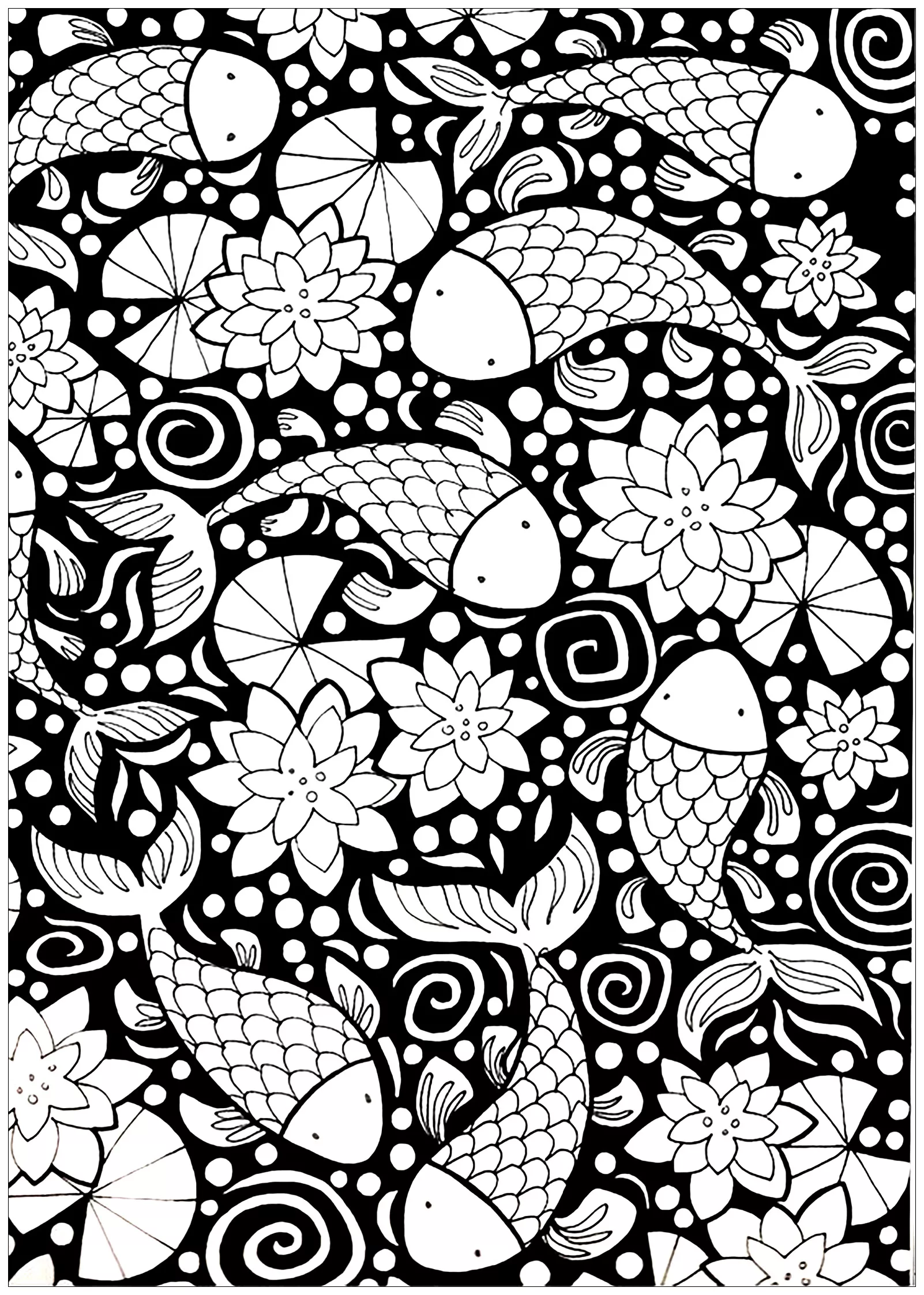 Fishes with dark background (Printable Coloring Page for adults)