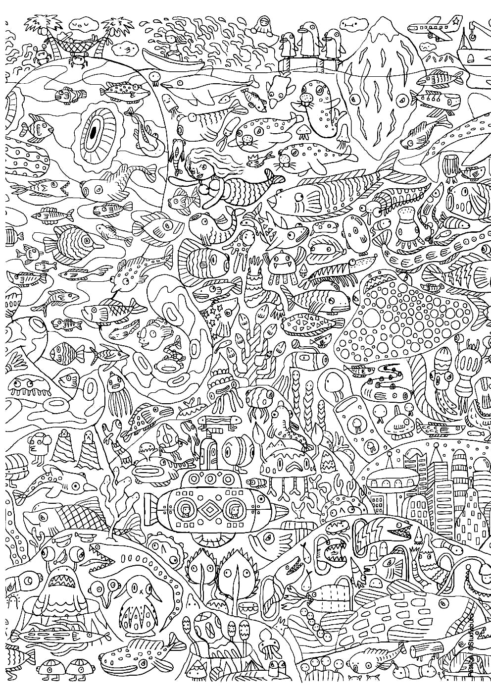 50 ? 100 ? In any case, lots of fish and other aquatic creatures are represented in this tricky adult coloring page. There's even a funny submarine! Allow 1 or 2 hours for this coloring.