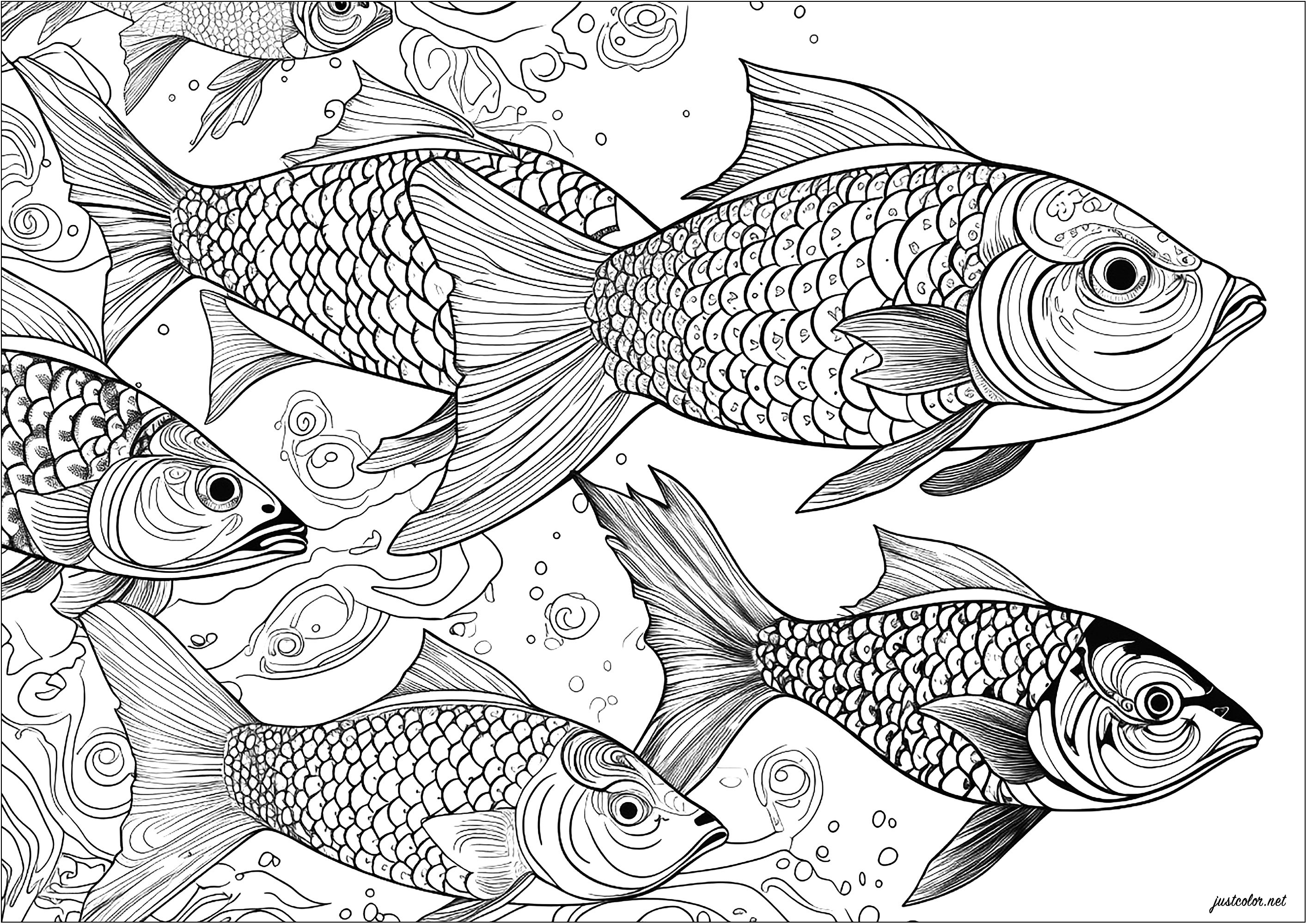 Several fish swimming peacefully. Lots of details to color