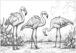 Three pretty pink flamingos (Coloring Page)