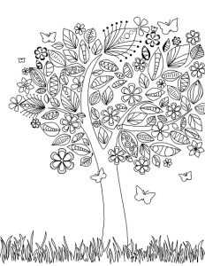 Coloring adult tree with flowers