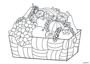 Printable Flowers & vegetation Coloring Page for adults : Basket of fruits