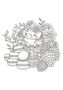 Coloring page adults fruits macaroons