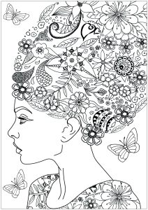 Printable Flowers & vegetation Coloring Page for adults : Woman with flowery hair