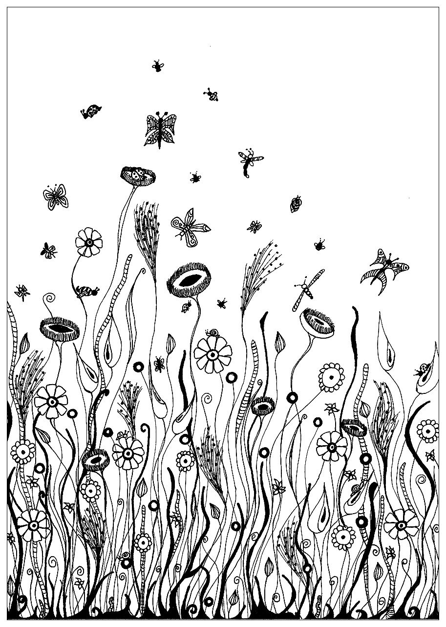 Cute and various insects in a field composed of wild flowers and herbs, Artist : Elanise Art