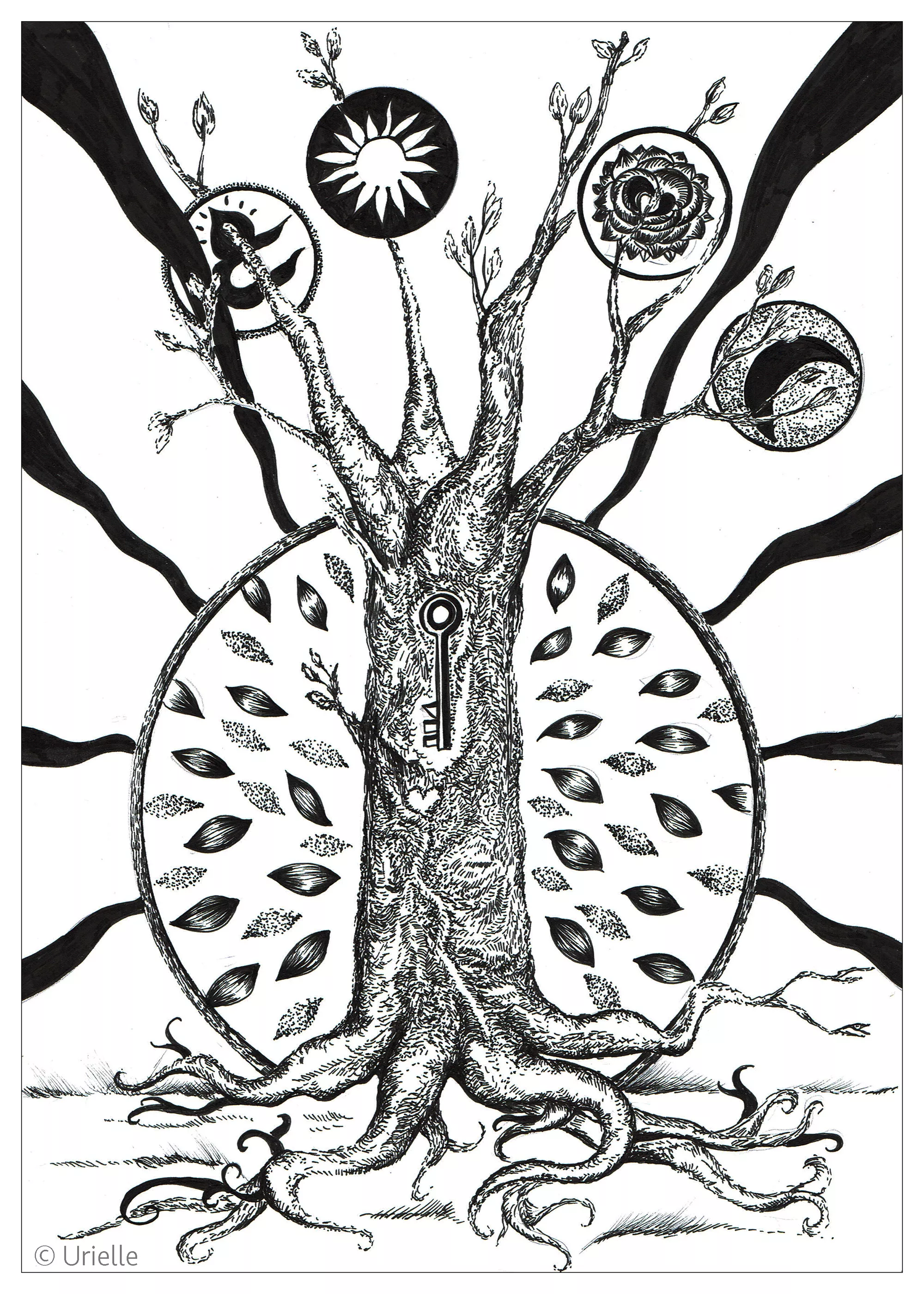 The key to the tree (Printable Flowers & vegetation Coloring Page for adults)