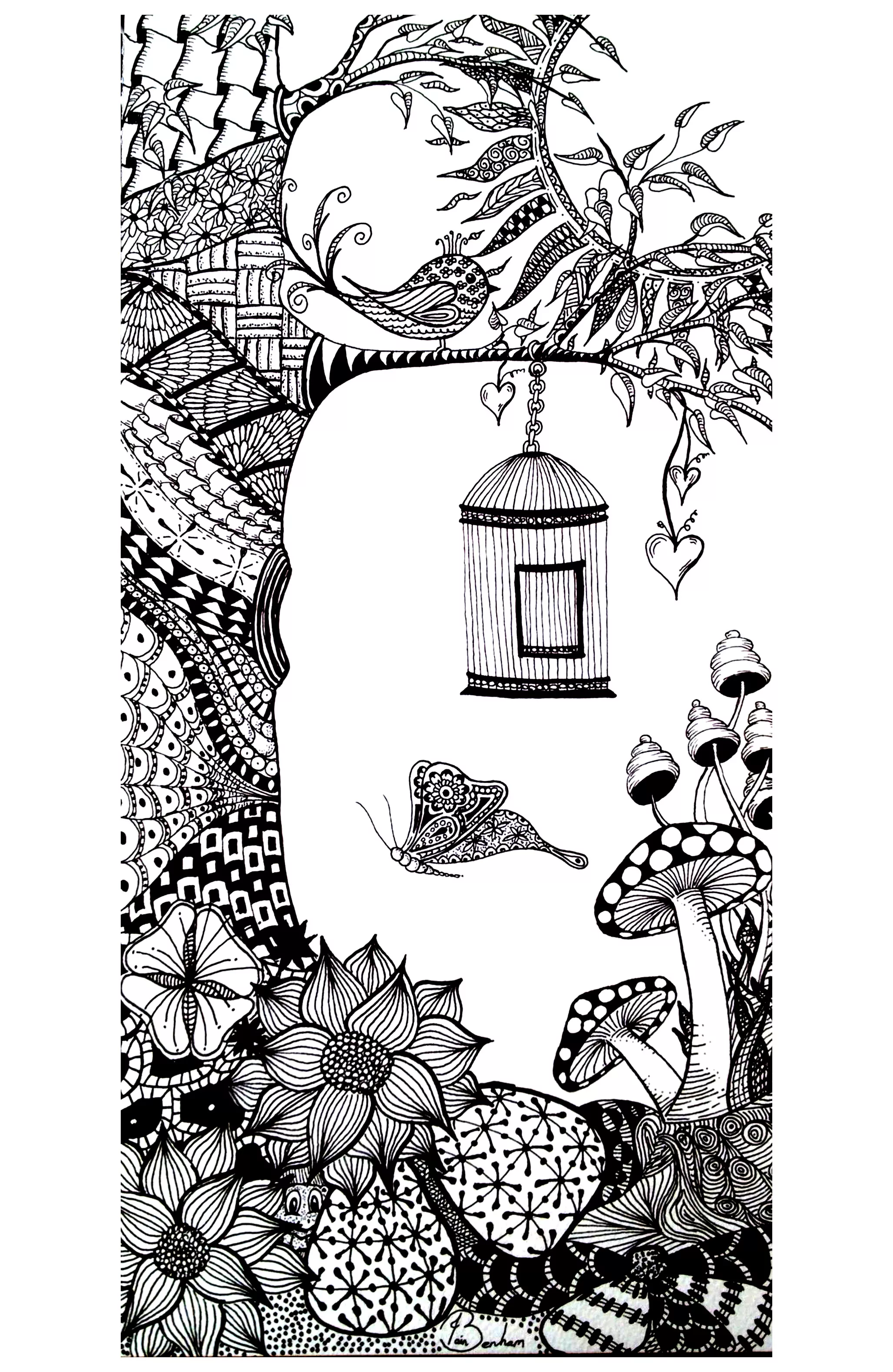 Butterflies, birds and mushrooms (Printable Flowers & vegetation Coloring Page for adults)