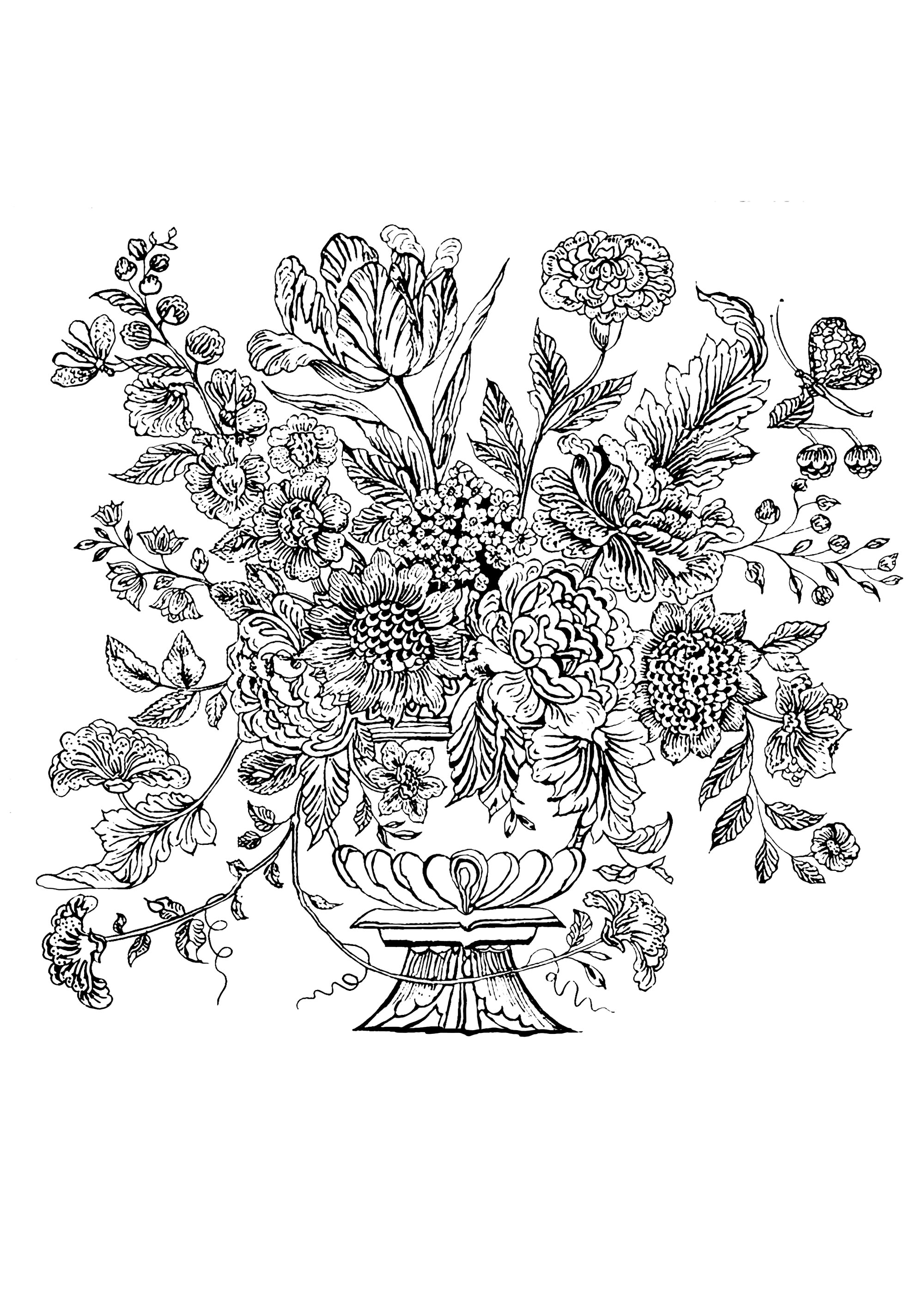 Coloring page inspired by a Mural Tile of 1740 from Netherlands, with a Flowered vase, Artist : Art. Isabelle