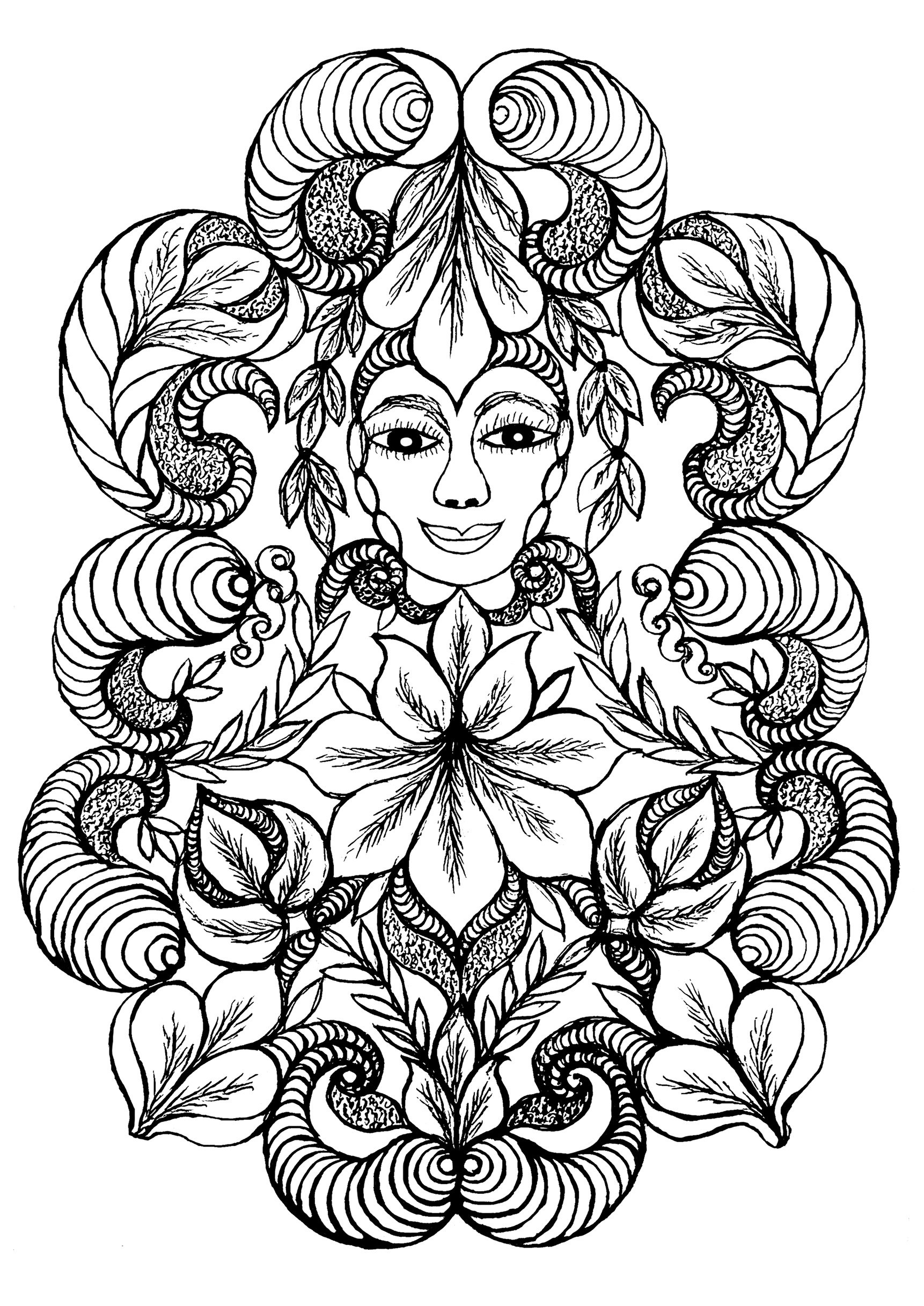 Flower Woman: an exclusive coloring page inspired by the paintings of Minnie Evans. O, Artist : Art. Isabelle