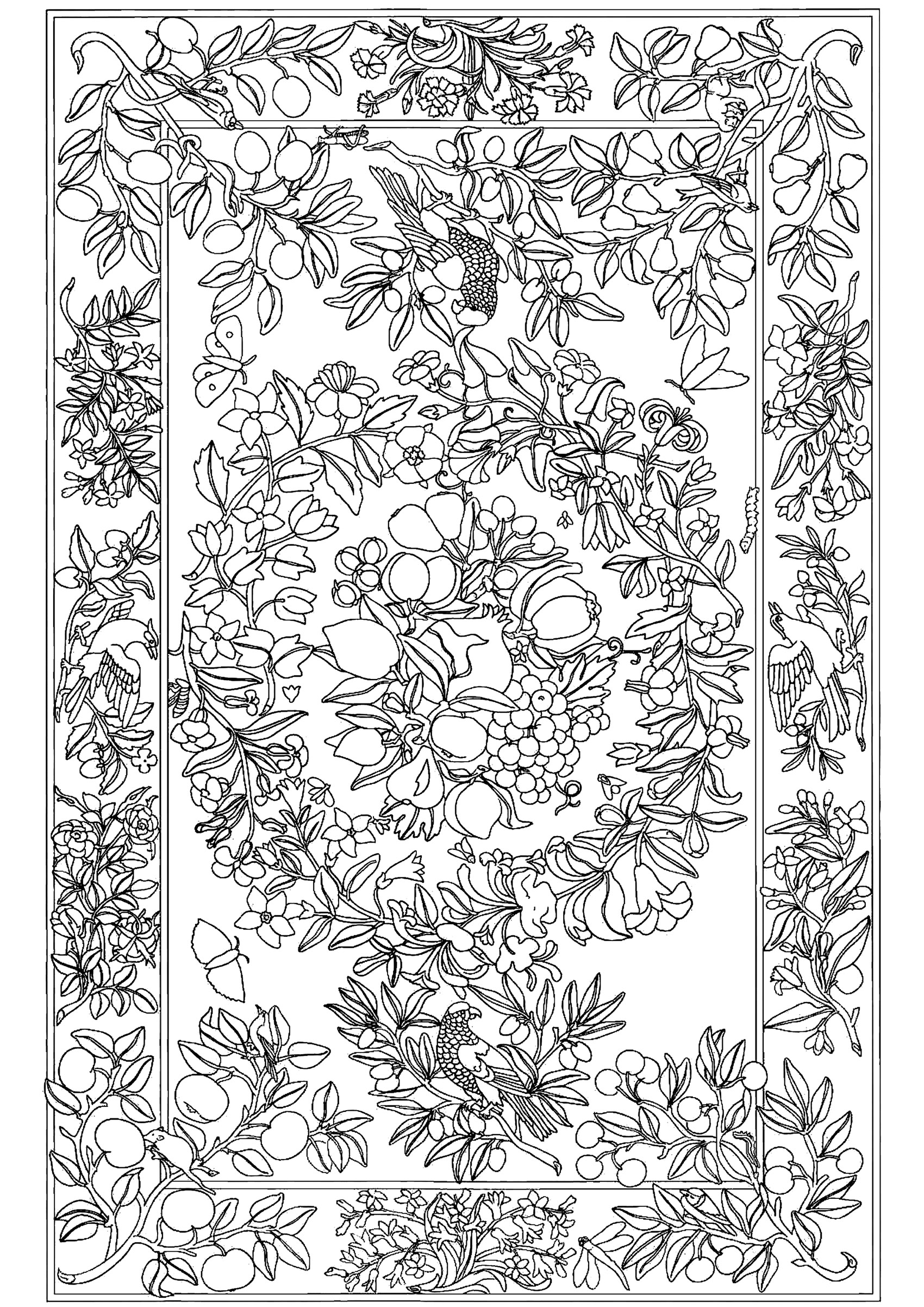 Flowers, leaves and birds (marquetry). Coloring created from a work of marquetry (17th century, France).Marquetry is a decorative technique using veneers of wood and various other materials, cut to a design and glued to a support, particularly in cabinetmaking. The resulting images can be geometric, figurative or abstract.