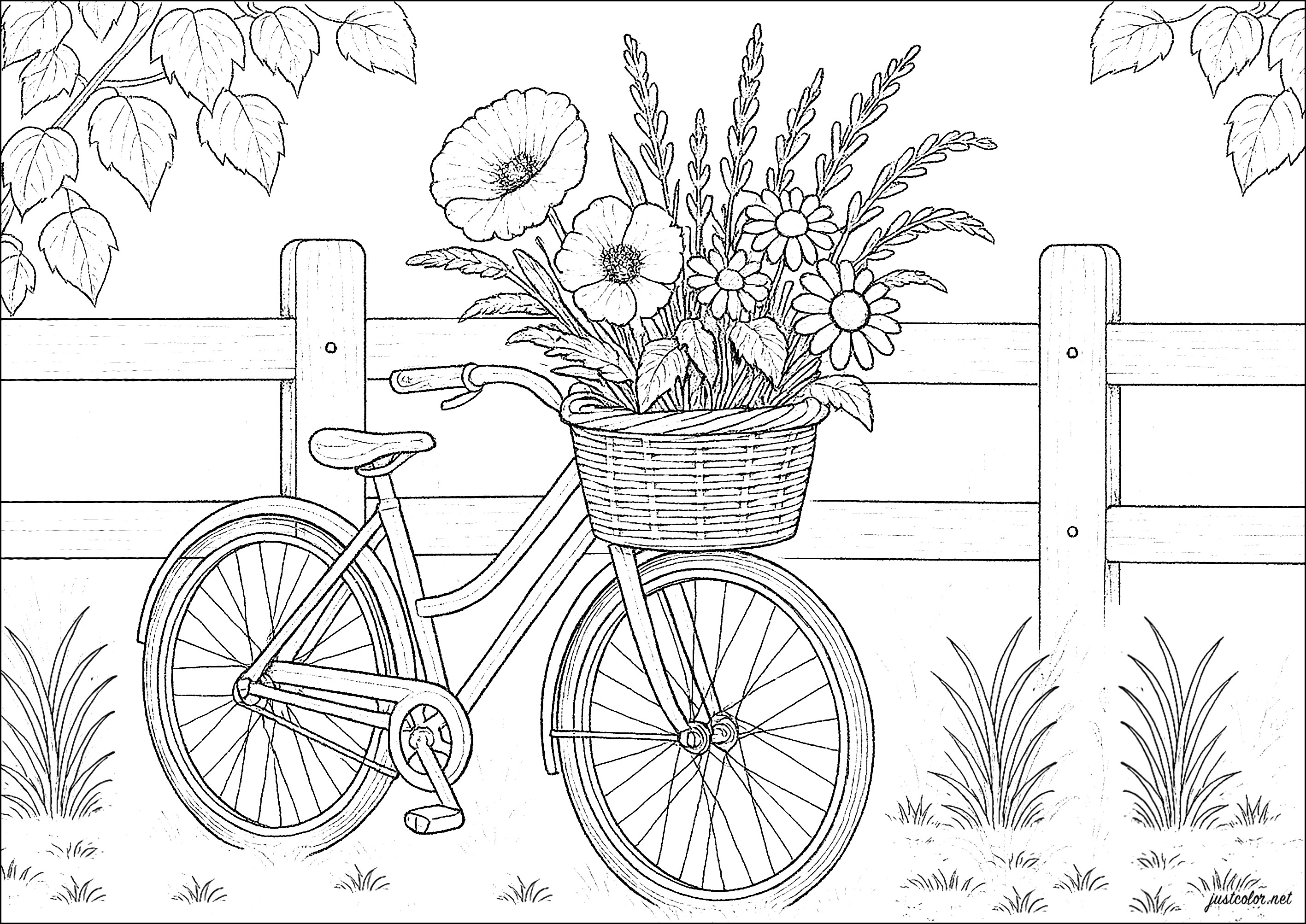 Flowers in a bicycle basket (Printable Flowers & vegetation Coloring Page for adults)