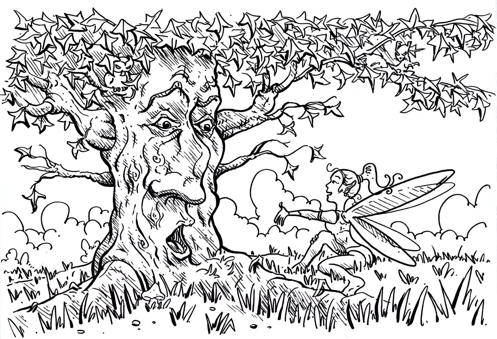 The tree that speaks with the fairy (Printable Flowers & vegetation Coloring Page for adults)