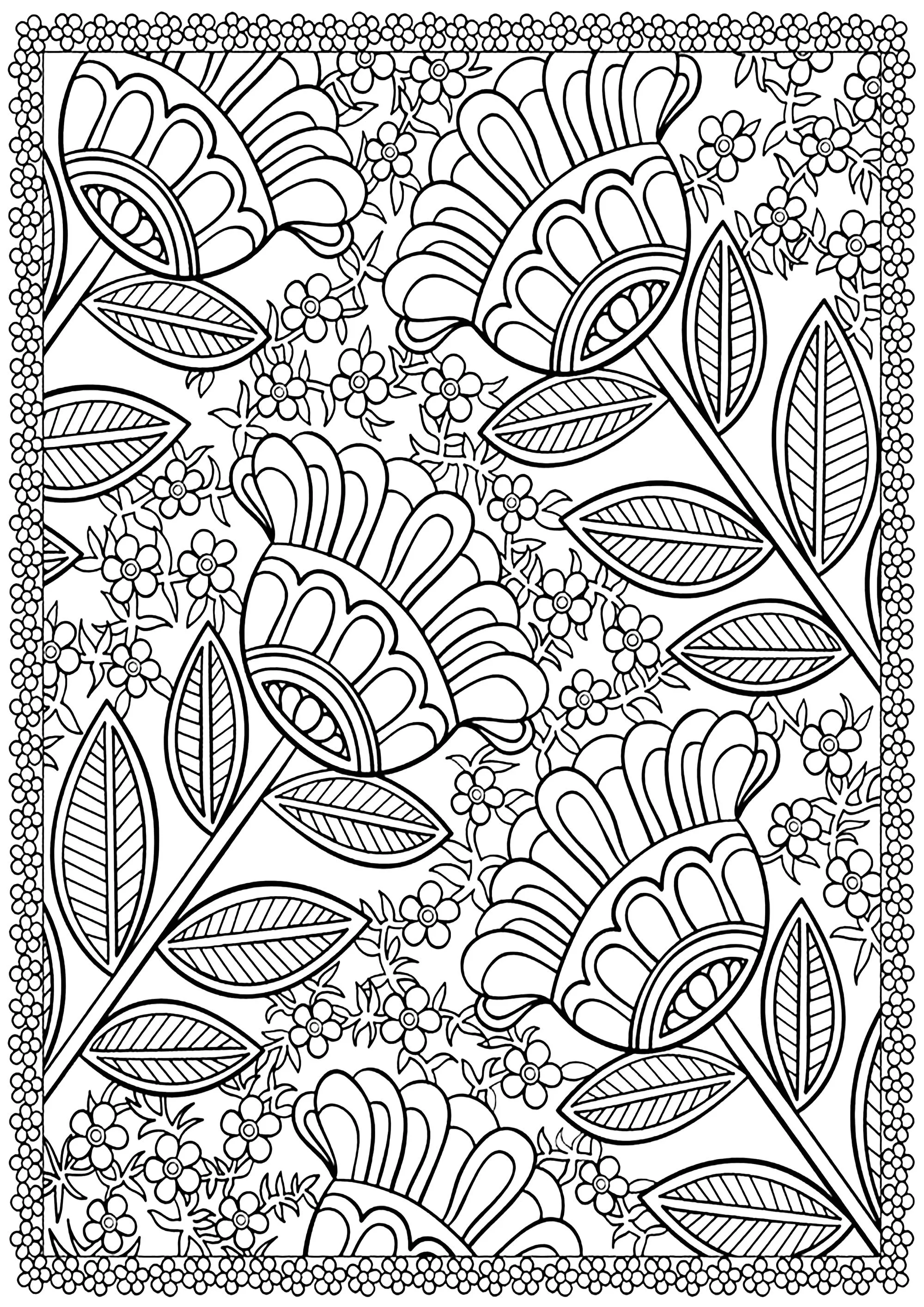 Four large flowers (Printable Flowers & vegetation Coloring Page for adults)