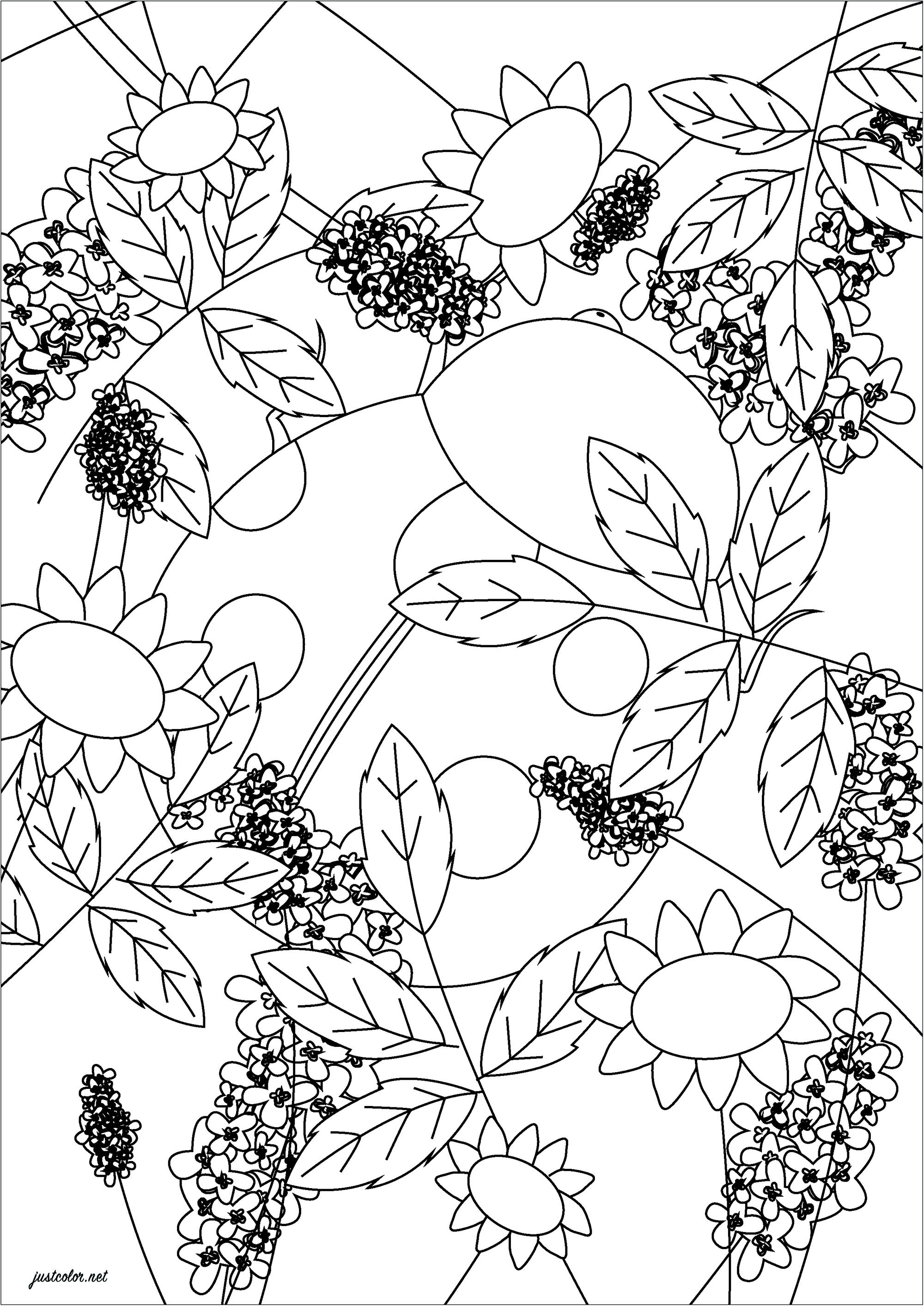 Coloring page of leaves. With beautiful shades of green, these leaves will be even prettier