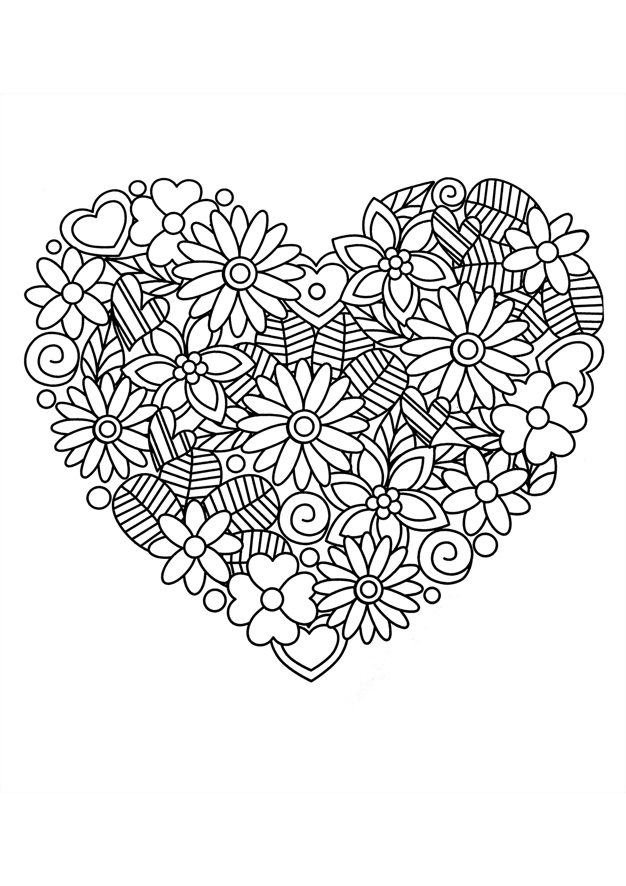 Pretty heart of flowers and leaves. This pretty coloring page features flowers and leaves arranged in harmony to create a beautiful heart.