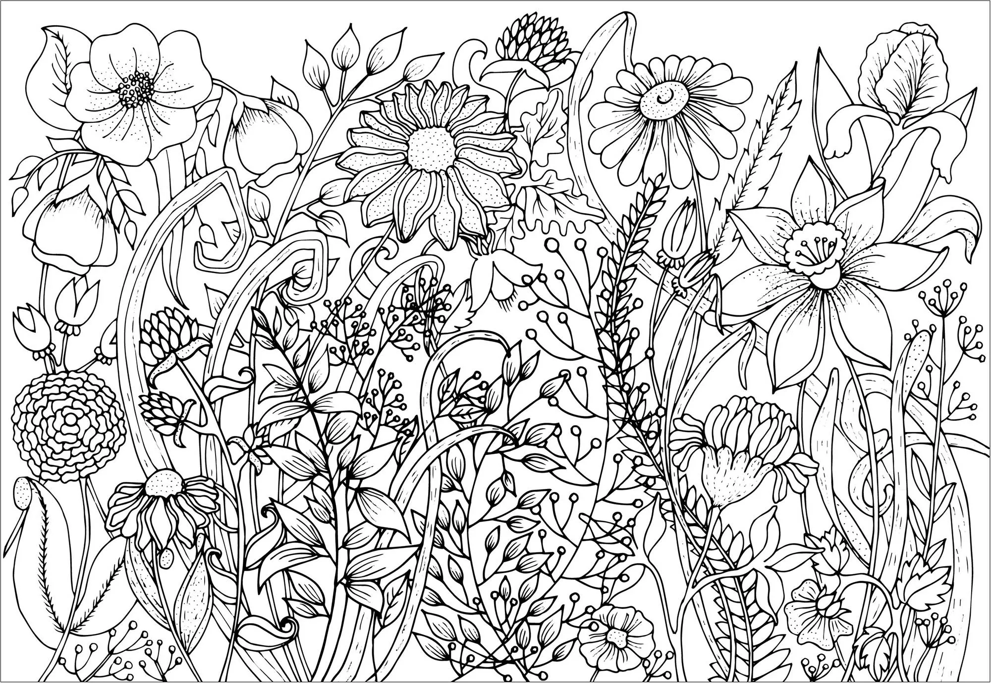 Cute spring flowers (Printable Flowers & vegetation Coloring Page for adults)