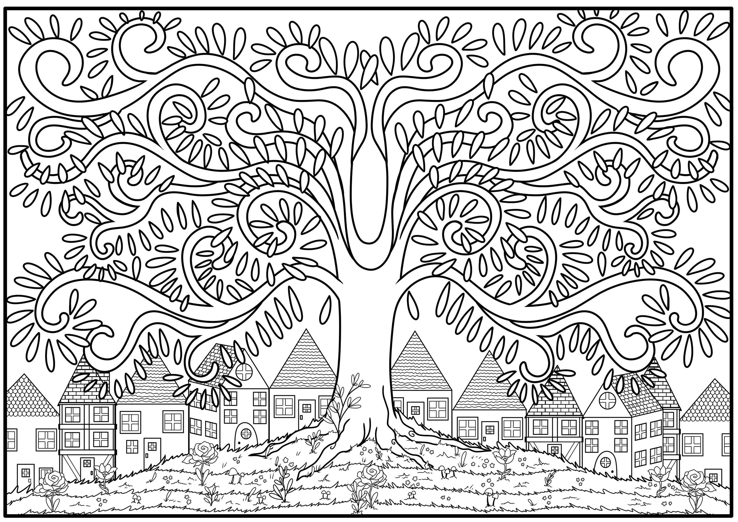 Coloring page of a tree with branch in the shape of arabesque, at the top of a flowered hill with houses in the background.