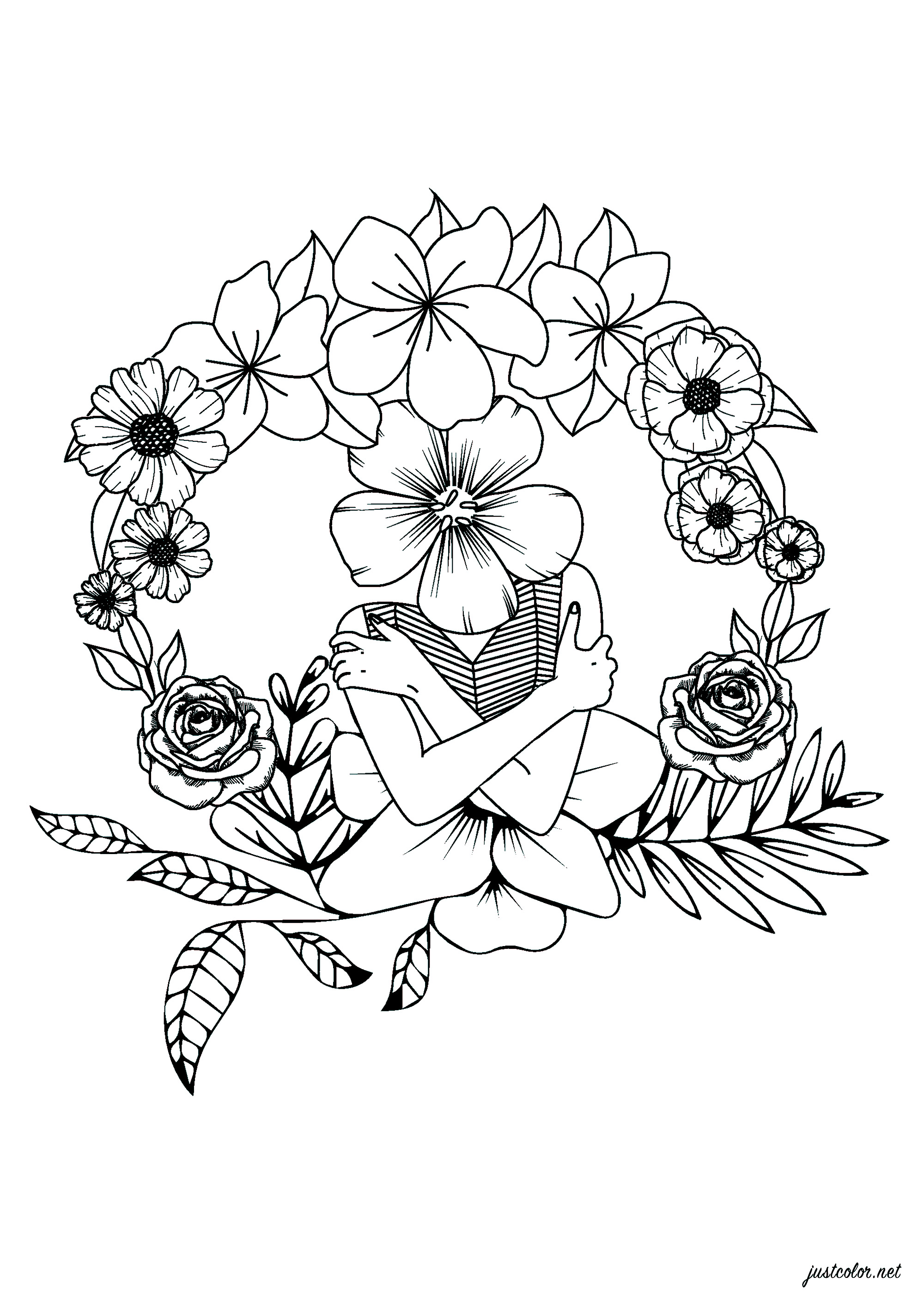 Coloring page of a woman with a flower head, surrounded by a very elegant floral crown