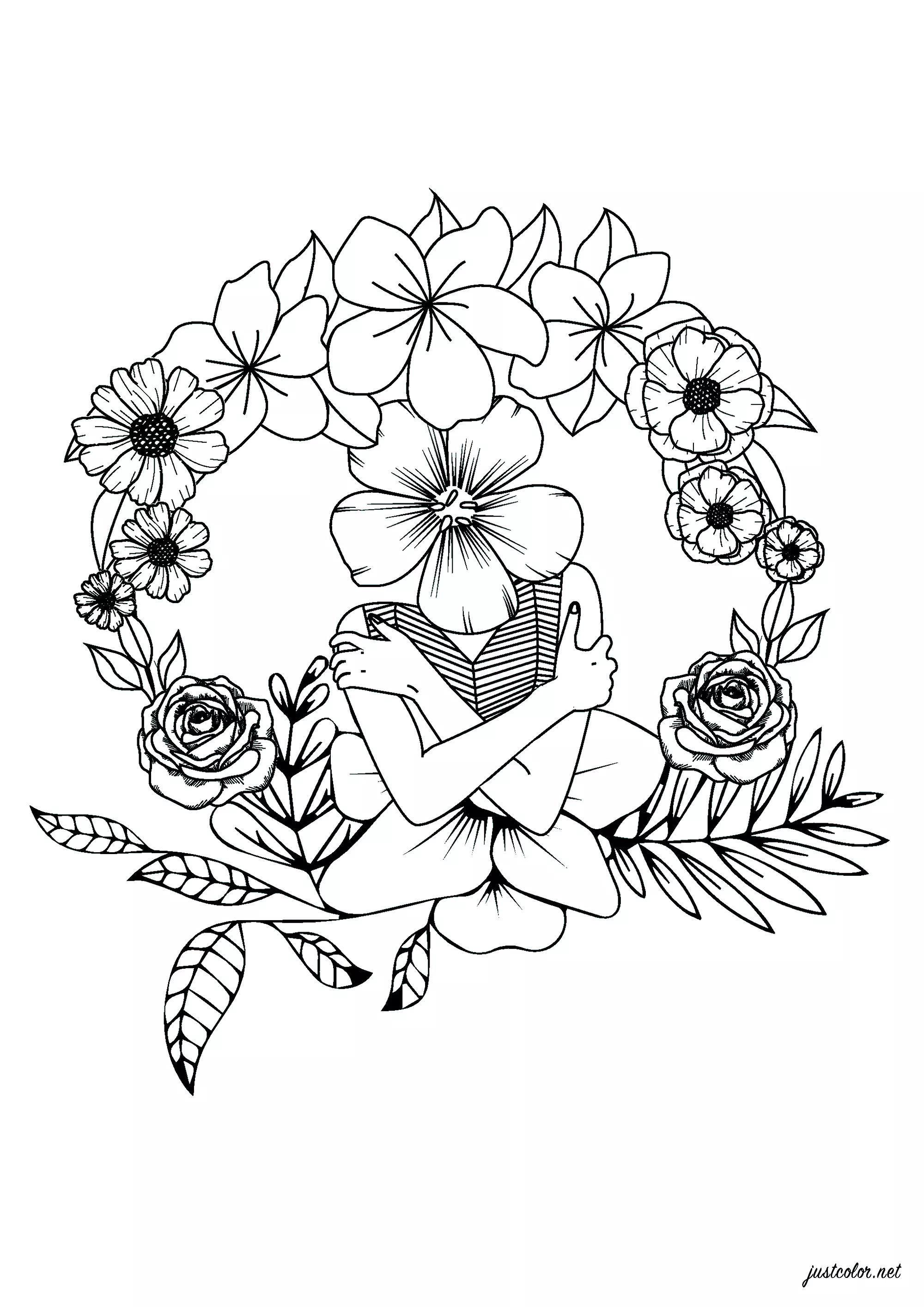 Flower Head Woman (Printable Flowers & vegetation Coloring Page for adults)