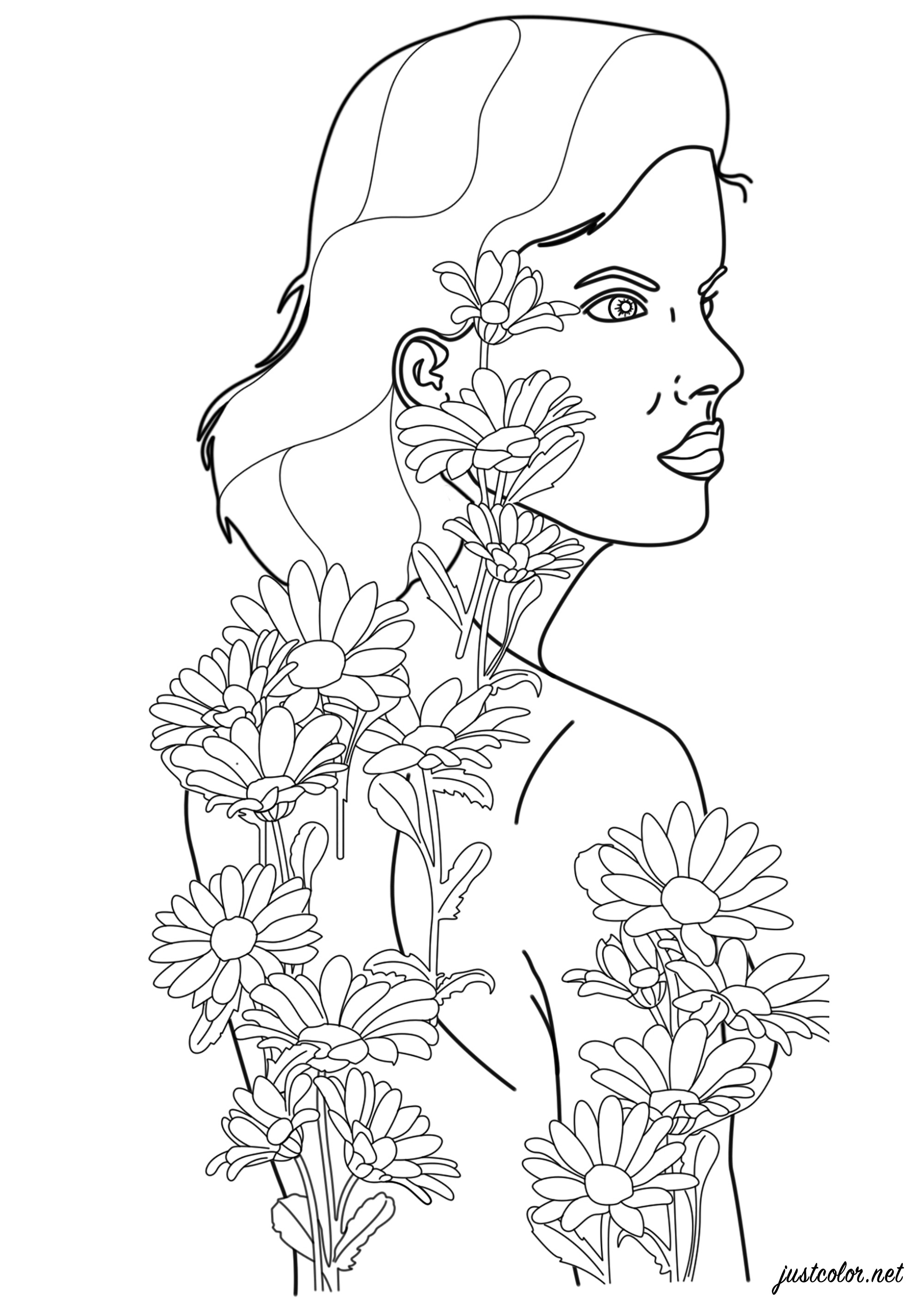 Woman with flower tattoos coming to life and becoming real