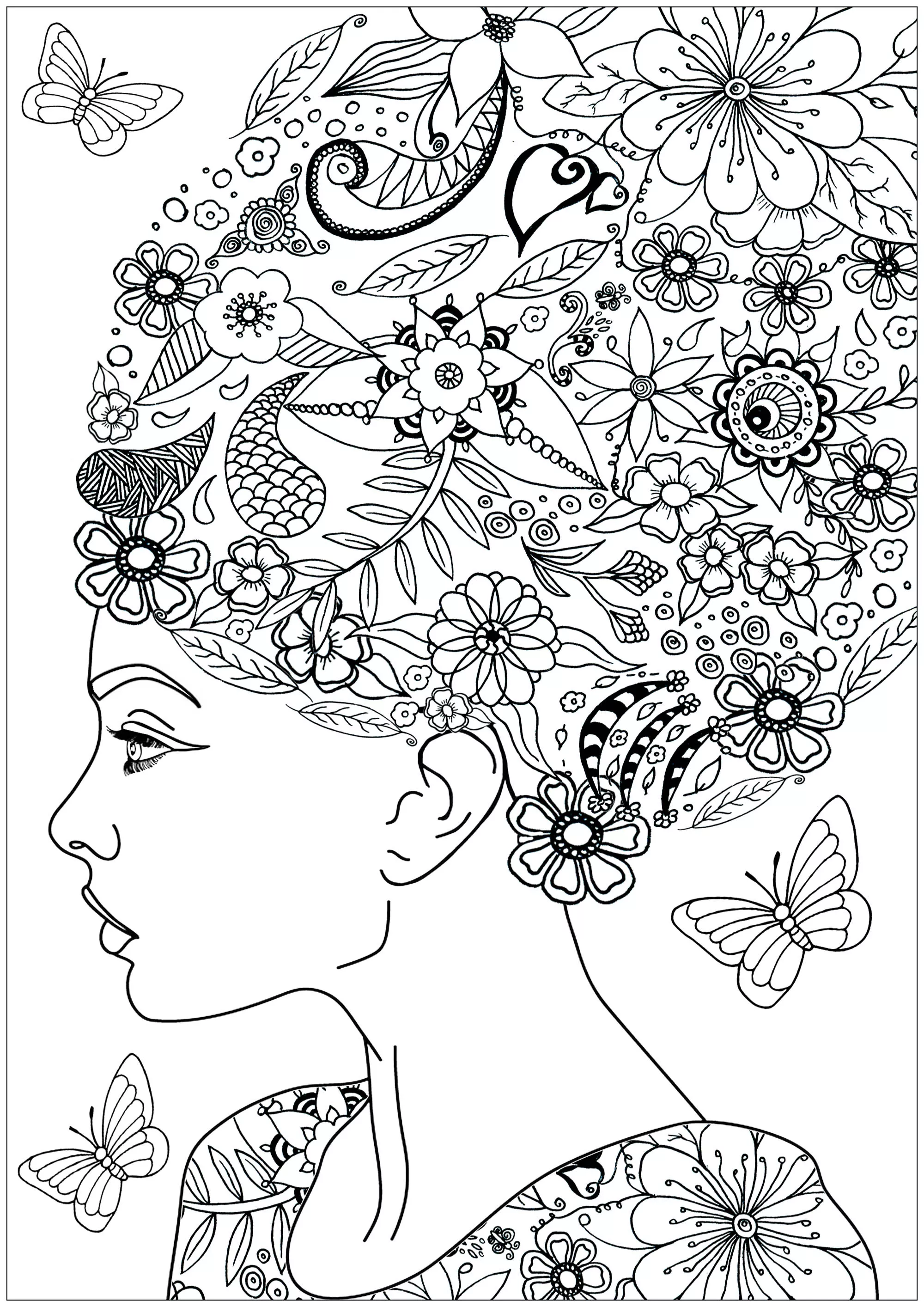 Woman with flowery hair (Printable Flowers & vegetation Coloring Page for adults)