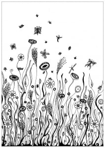 Insects in a field (Flowers & vegetation Coloring Page)