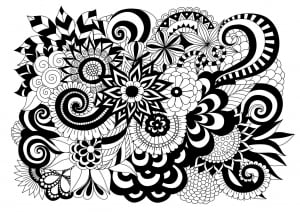 Magnificent and very contrasted adult coloring page, representing numerous flowers and leaves (Flowers & vegetation Coloring Page)