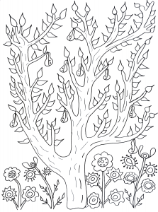 Coloring cute tree with leaves and pears olivier