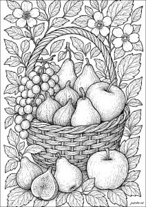 Fruit basket: figs, grapes and pears (Flowers & vegetation Coloring Page)
