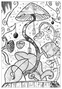 A coloring page with a gigantic mushroom in the forest