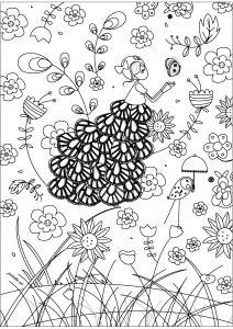 An elegant fairy floating around beautiful and varied flowers (Flowers & vegetation Coloring Page)