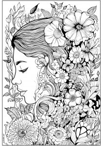 Face of a pensive woman, surrounded by flowers (Flowers & vegetation Coloring Page)